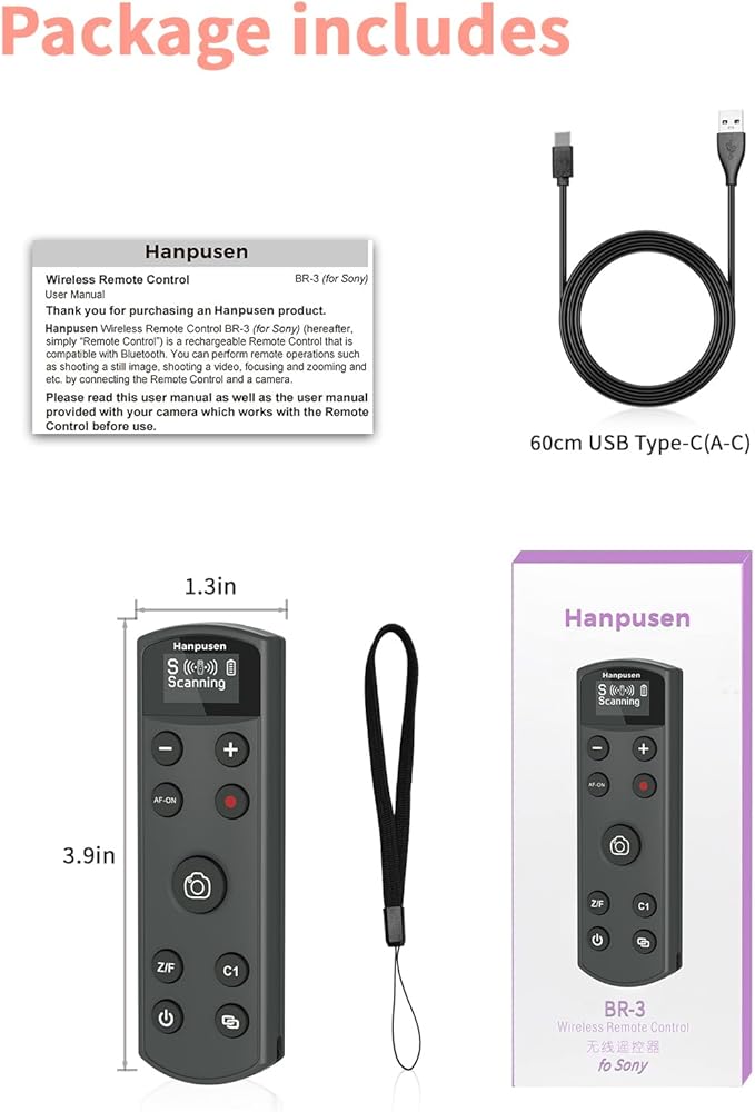 Hanpusen Rechargeable Camera Remote Control for Sony - Wireless Shutter Release with OLED Screen compatiable with ZV-1F,ZV-1II,ZV-1,ZV-E10II,ZV-E10,A6100,A6400,FX30,FX3;Replace Sony RMT-P1BT(Black)