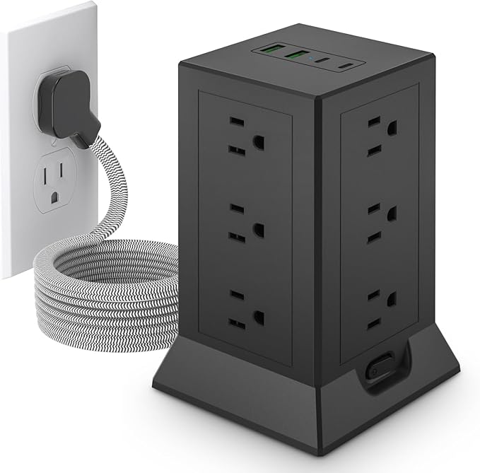 Power Strip Tower with Multiple Outlets 16.5 Ft Extension Cord Flat Plug with 12 AC Outlets 4 USB Ports (2 USB C), Power Tower Surge Protector with Individual Switches for Home Office Dorm Room, Black