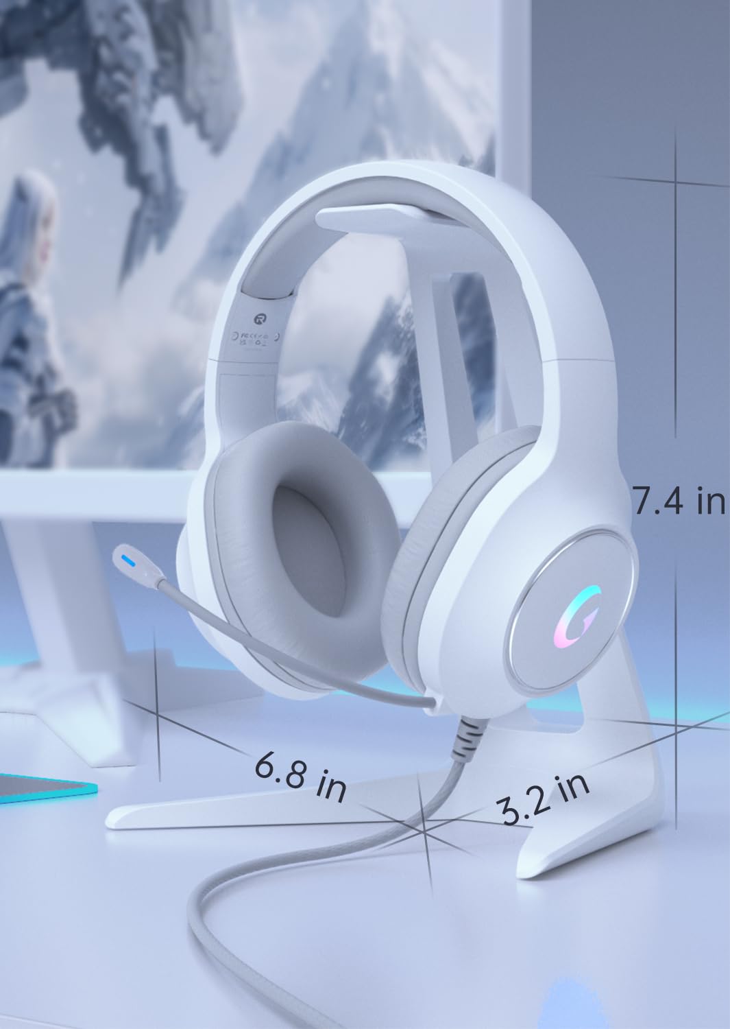 syndesmos CM7002 Gaming Headset for PC, PS5, Xbox Series X|S, Switch, Over-Ear Headphones with 7.1 Surround Sound, 50MM Drivers & Noise Canceling Mic, RGB Comfort Headset for Gaming, Light White
