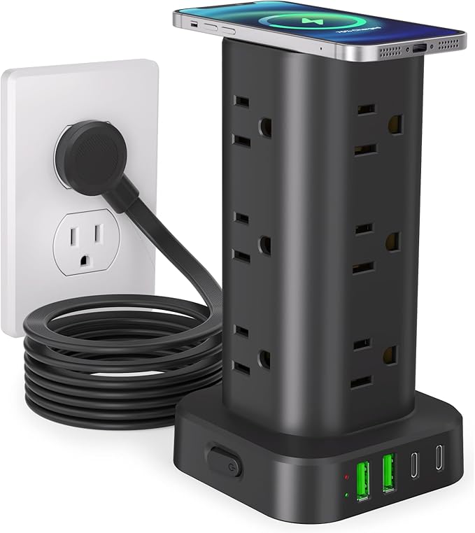 Power Strip Tower with Multiple Outlets, Flat Plug Surge Protector Tower Extension Cord with 12 AC Outlets 4 USB Ports (2 USB C), 10FT Cord Power Tower Surge Protector for Home Office Dorm Room, White