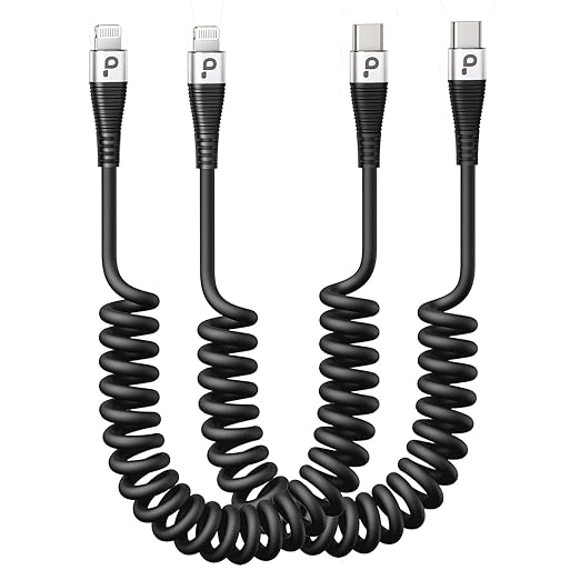 PRAKIE iPhone Charger Cable for Car 3FT, 2Pack Coiled Lightning Cable-Blue