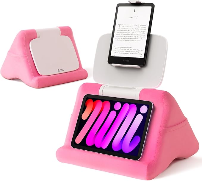 SAIJI Tablet Pillow Stand - iPad mini Kindle Holder for Lap in Bed, with Lifter & Angle Adjustable Multi-Function Clip for 4-13" Tablets