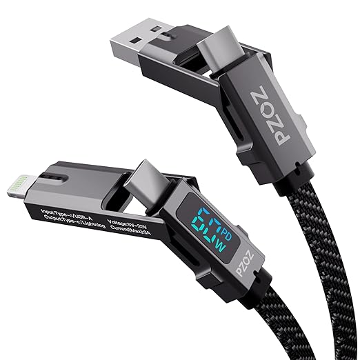 pzoz 4-in-1 Multi Charging Cable with LED Display, One Cable for USB-C & Lightning Devices, USB A/C to USB C/Lightning for iPhone 17/16/15, iPad, MacBook