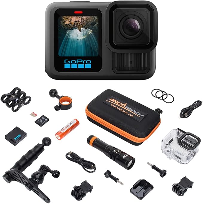 GoPro HERO12 Waterproof Action Camera Dive Kit with 5.3K60 UHD Video, 27MP HDR Photos - Bundle with Protective Housing, Video Light Pack, Camera Tray, Double Clip, 64GB microSD Card (Hero12)