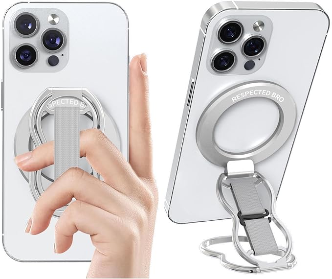 RESPECTED-BRO-Magnetic-Phone-Grip-Stand-with-Finger-Strap, 4-in-1 Magnetic Ring Holder, Kickstand and Elastic Strap for Phones, Universal Fit for iPhone 17/16/15/14/13/12, Android