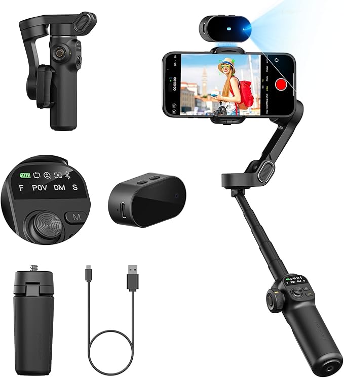 AOCHUAN Gimbal Stabilizer for Smartphone,NO APP Tracking,20CM Extension Rod,Face & Object Tracking stabilizer for iPhone & Android,3-Axis OLED Gimbal for Video Recording-AOCHUAN Smart X2AI Black