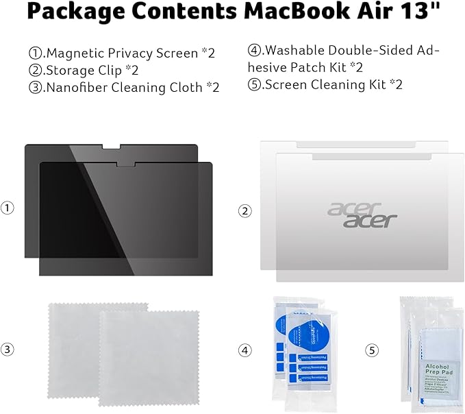 Acer [2 Pack Laptop Privacy Screen for MacBook Air 13 Inch (2022-2025 M1,M2,M3,M4), Eye Protection Anti Spy/Glare Blue Light Computer Monitor Privacy Filter, Dual-sided Magnetic & Removable