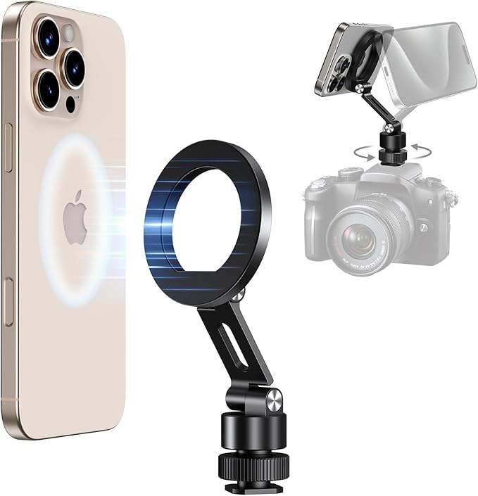 elitehood Magnetic Magsafe Tripod Phone Mount Holder, Foldable Phone Holder for Tripod Attachment with 1/4” Screw & Cold Shoe, All Aluminum iPhone Mount Adapter for Recording Shooting Vlogging