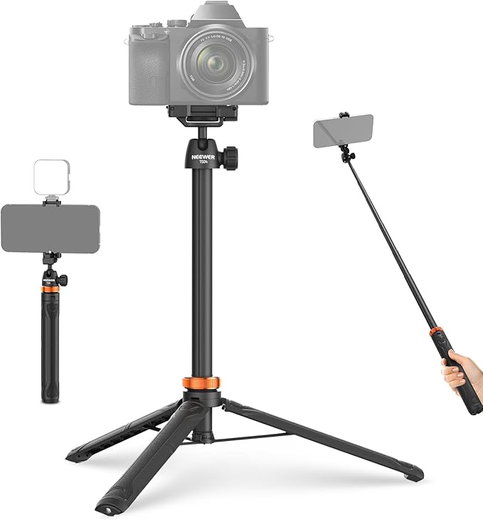 NEEWER BASICS 59"Selfie Stick Tripod Compatible with iPhone & DLSR Camera, Small Metal Compact Portable Travel Desk Stand with Remote Ball Head 2in1 Cell Phone Holder Mount for Video Recording Filming