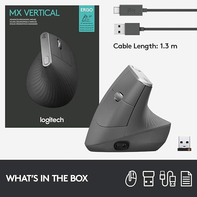 Logitech MX Vertical Wireless Mouse – Ergonomic Design Reduces Muscle Strain, Move Content Between 3 Windows and Apple Computers, Rechargeable, Graphite
