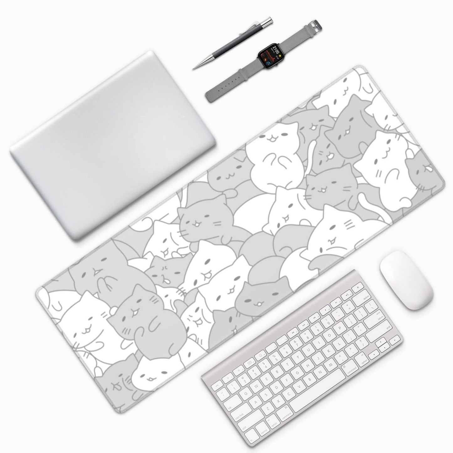 White Kawaii Cats E-Sport Mouse Pad Large Desk Mat Non-Slip Rubber Base Stitched Edge Keyboard Mouse Pad for Office Home E-Sport Computer Laptop, 31.5×11.8 Inches