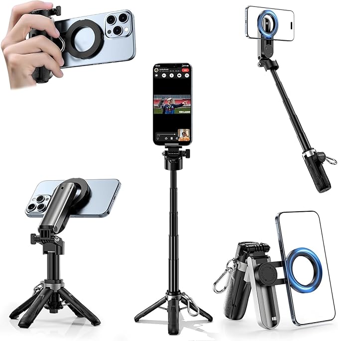 CloudValley Magnetic Selfie Stick & Mini Tripod, 360° Rotation Extendable Handheld Stabilizer/Camera Grip with Remote, 5 in 1 Portable Phone Stand for iPhone/Android, Travel Vlog, Live Stream