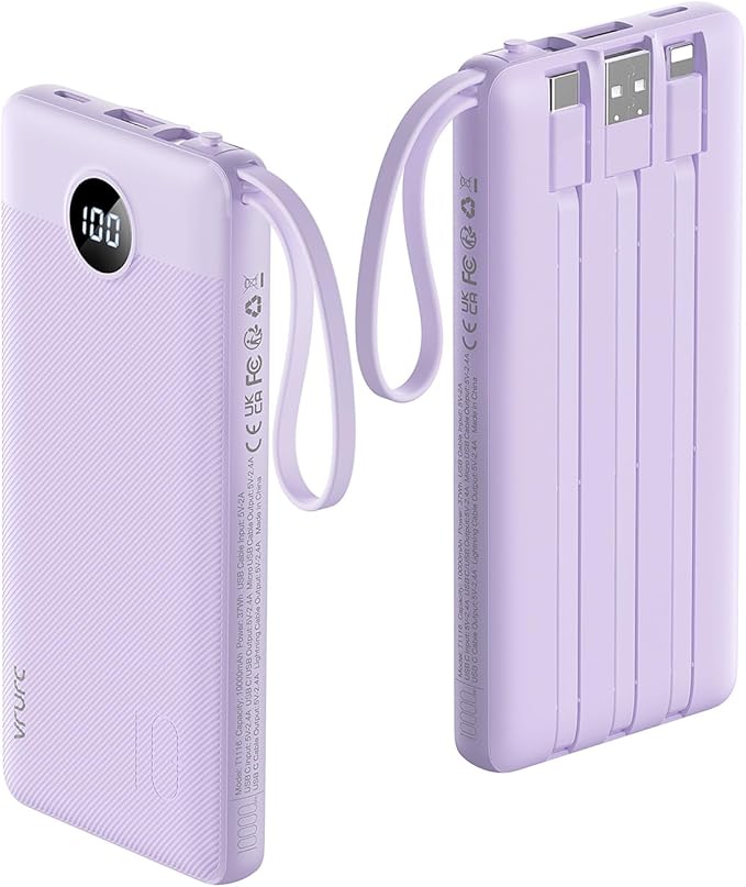 VRURC Portable Phone Charger, Built-in 4 Cables USB C Power Bank 10000mAh