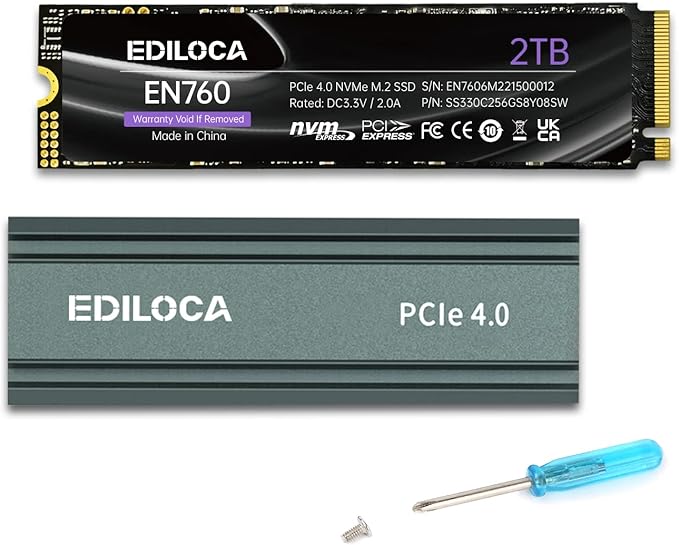 Ediloca 2TB SSD NVMe M.2 2280 PCIe Gen4 x4 Internal Solid State Drive - Up to 4800MB/s, 2TB SSD PS5 Dynamic SLC Cache, PS5 Compatible for Gaming PC Laptop(EN705)