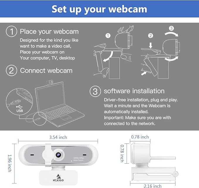 NexiGo N660P 1080P 60FPS Webcam with Software Control, Dual Microphone & Cover, Autofocus, HD USB Computer Web Camera, for OBS/Zoom/Skype/FaceTime/Teams/Twitch, White