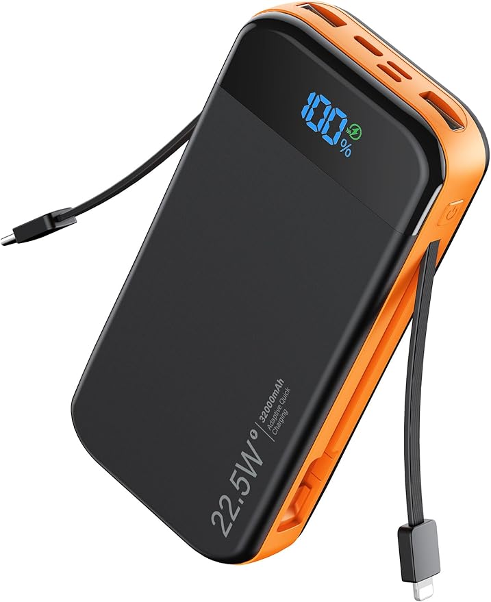 LENGSUM Phone Battery Bank 32000mAh 22.5W w/Built-in Cables & USB C Fast