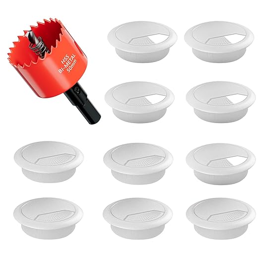 1-3/8 in. Hole Saw with 10PCS White Desk Grommet - Cable Management Kit for TV, Office, and Home Table - Hide Wires Behind Wall, TV Wall Cable Pass Through, Desk Cable Hole Covers