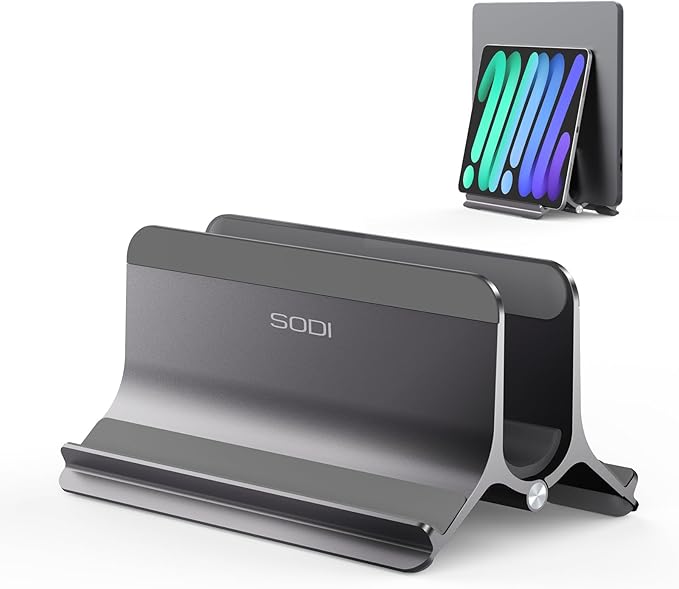 SODI Vertical Laptop Stand for Desk, Gravity Auto Lock MacBook Stand, Aluminum Laptop Holder Vertical Compatible with MacBook Pro, Air, Tablet, Space-Saving Organize Work & Home Office, Gray