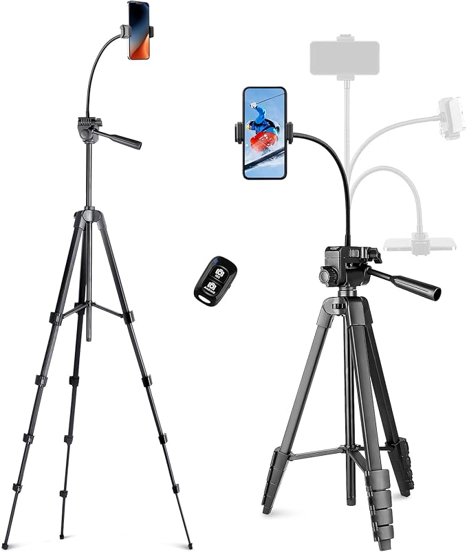 Aureday Phone Tripod Stand, 64” Extendable Cell Phone&Camera Tripod with Wireless Remote and Phone Holder, Aluminum iPad Tripod for Video Recording/Selfies/Live Stream/Vlogging