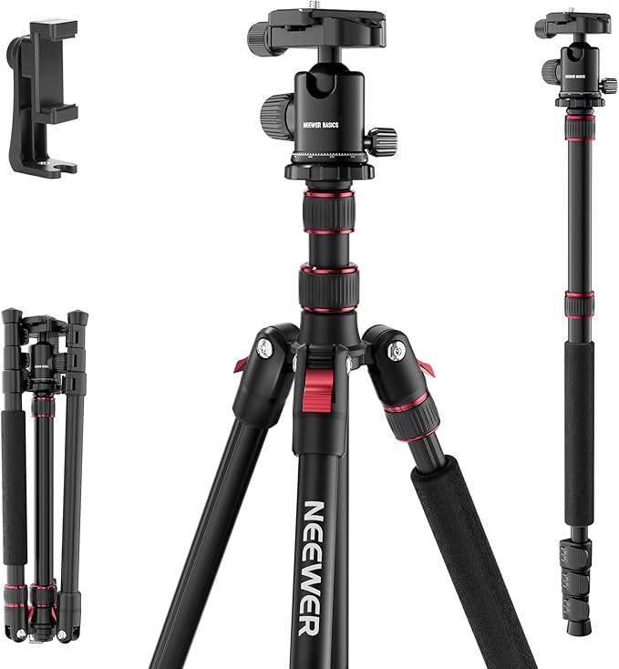 NEEWER LITETRIP LT07 61" Aluminum Travel Tripod for Camera w Pan Tilt Low Profile Ball Head, Arca QR Plate Compatible with Peak Design Tripod Plate V3, Dual Center Axis, Phone Holder, Max Load 22lb
