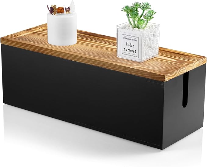 Large Cable Management Box, Burnt Wood Cord Organizer Box for Desk, Floor, Office to Hide Extension Cords Power Stripes Surge Protectors Chargers Wires