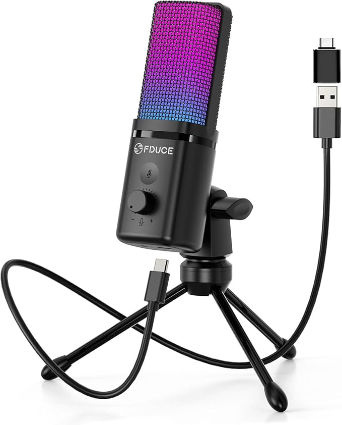FDUCE Gaming USB Microphone, RGB Condenser mic with Mute, Gain, Monitoring, Boom Arm for Streaming, Podcast, Twitch, YouTube, PC, Computer, PS5, (M160+)