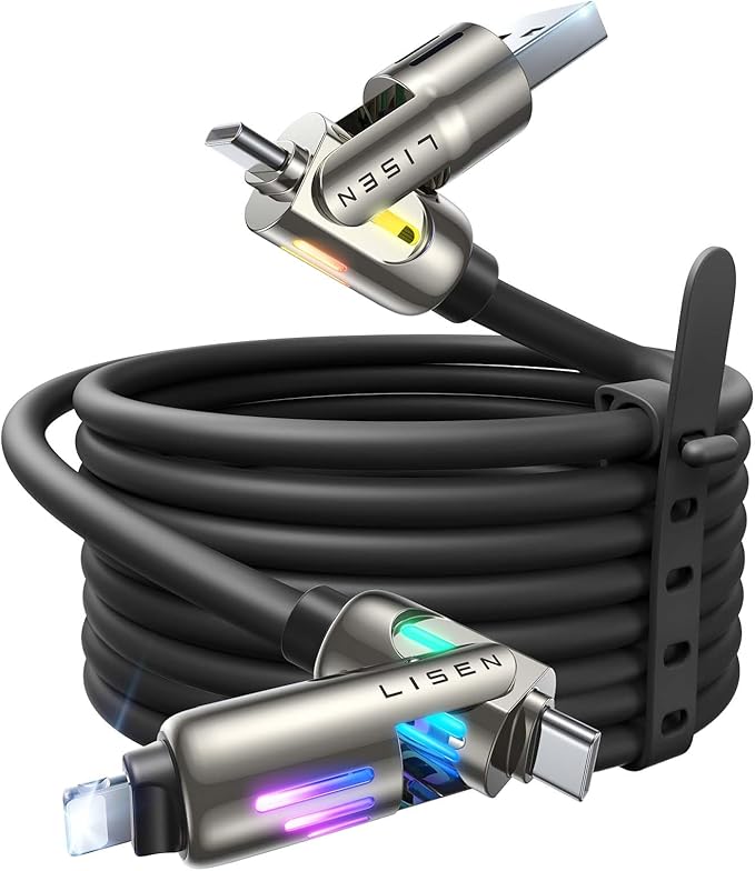 LISEN 240W Chubby USB C to USB C, 4 in 1 Charging Cable (6.6FT) with Light, USB A/C to C/L Multi Charging Cable for iPhone 16 15 14 Pro Max/MacBook/iPad Pro/SamSungS24