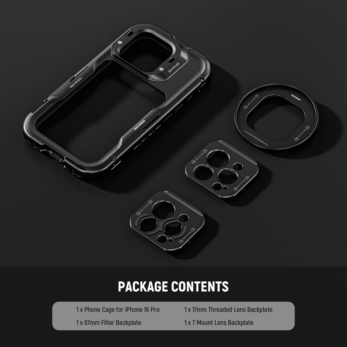NEEWER 16 Pro Cage, Quick Release Video Rig Phone Stabilizer Compatible with iPhone 16 Pro with 67mm Filter Adapter, 17mm Lens Backplate, T Mount Lens Adapter Compatible with Moment, PA073