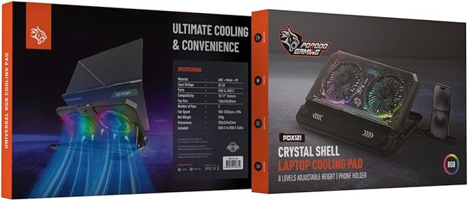 Gaming Crystal Shell Laptop Cooling Pad with Phone Holder, Dual High-Speed Fans, 8-Level Adjustable Height, RGB Lighting, Anti-Slip Base, USB-A & USB-C Ports โ Black (for 10-17โ Laptops)