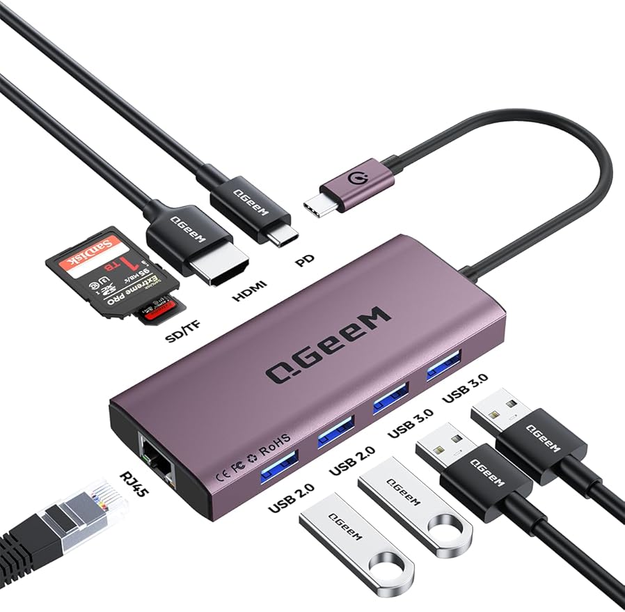 QGeeM USB C Hub Ethernet,9 in 1 USB Type C Hub HDMI Multi-Port Converter Adapter,100W Pd, USB 3.0,SD/TF Card Reader,Compatible for MacBook Pro Air Ipad HP Dell Lenovo Chromebook etc.-Brown