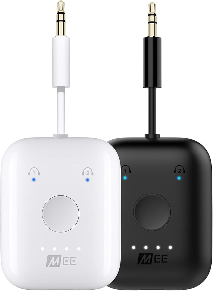 MEE audio Connect Air Pro (2 PACK) Bluetooth Wireless Audio Transmitter & Receiver for AirPods or Bluetooth Headphones, 2-in-1 Adapter with Detachable Cable for 3.5mm devices on Airplanes, Black&White