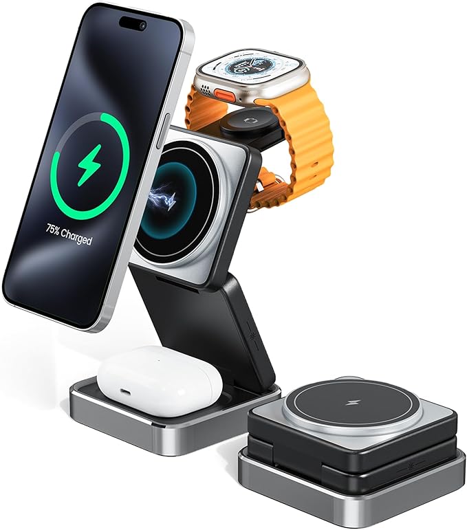3-in-1 Wireless Charger for iPhone,15W Fast Wireless Charging Station Compatible with Mag-Safe Charger,Magnetic Foldable Travel Charger Stand Nightstand for iPhone 17/16/15/14/13,Apple Watch&AirPods