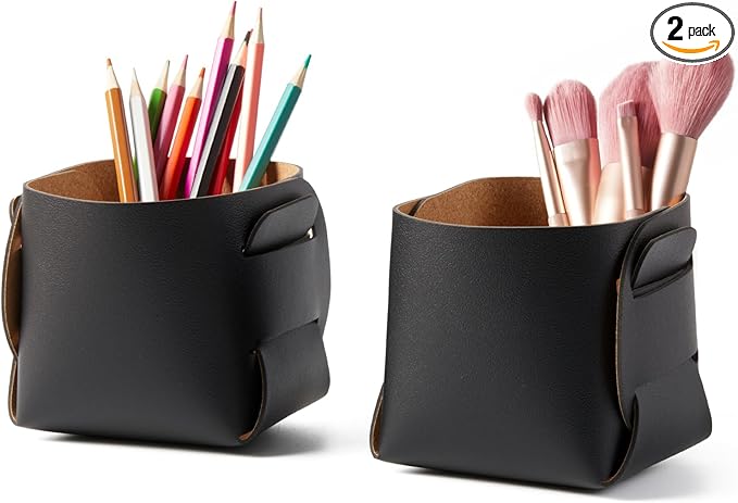 HOMIEAZICOZI 2-Pack Cork Leather Desk Accessories Storage - Pencil Pen Holder - Makeup Brush Holder Organizer - Stylish Addition to Home Decor (Champagne Gold)
