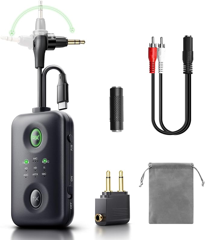 Unique Design Bluetooth 5.4 Transmitter Receiver with Qualcomm aptX Adaptive for Dual AirPods/Headphones, 3.5mm Aux Jack & USB C Bluetooth Adapter for Airplane/TV/PS5/Gym/Phone (for TV)