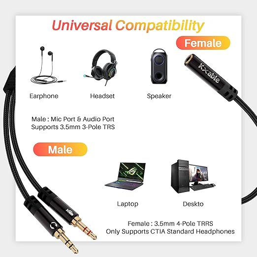 Headphone Splitter for Computer, 3.5mm Female to Dual 3.5mm Male Audio Splitter Cable, Stereo Jack Earphones Headset to PC Laptop Adapter, 1/8inch 2-in-1 Y Separator Aux Dongle Converters, 3FT