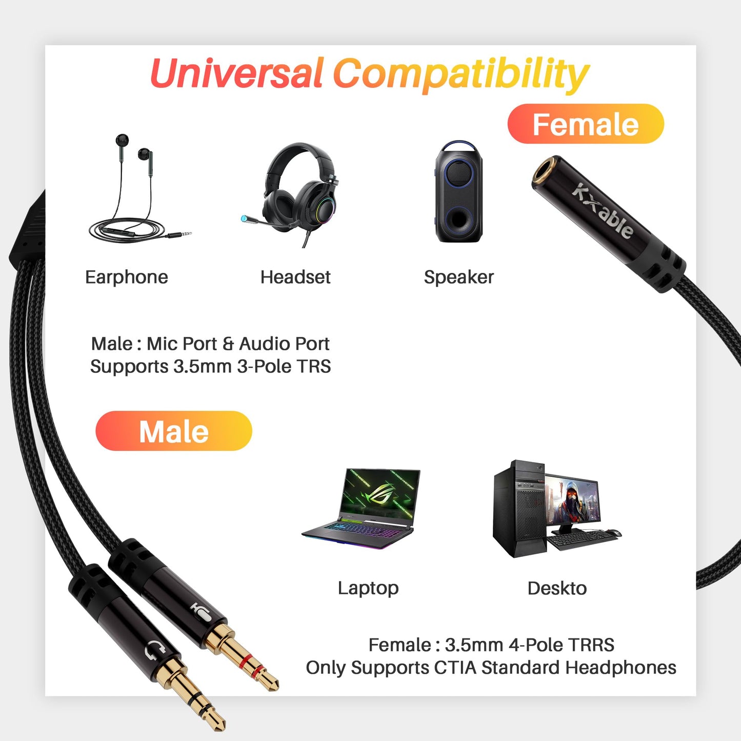 Kxable Headphone Splitter for Computer, 3.5mm Female to Dual 3.5mm Male Audio Splitter Cable, Stereo Jack Earphones Headset to PC Laptop Adapter, 1/8inch 2-in-1 Y Separator Aux Dongle Converters, 3FT