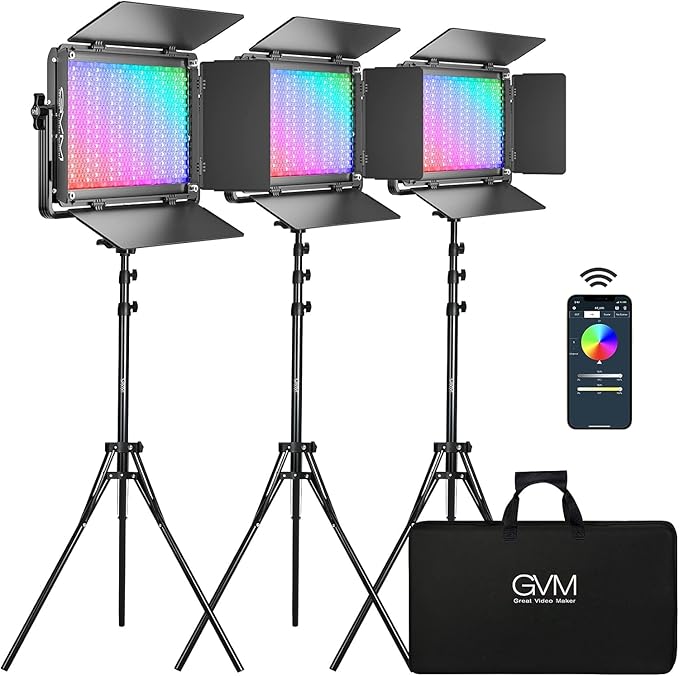 GVM 1300D RGB Video Light Kit with Softbox & Stands, 65W Photography Light with Bluetooth Control, 3 Packs Led Panel Lights for Studio YouTube, Streaming, Web Conference, Interview, 25000Lux/0.5m
