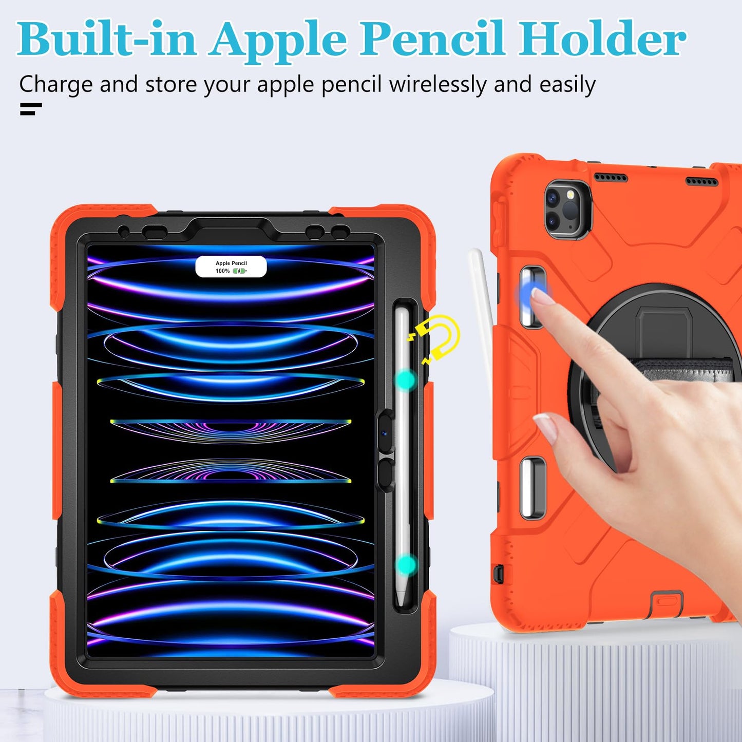 Case for iPad Pro 11 Inch 2022/2021/ 2020/2018: Silicone Cover for iPad 11 Inch 4th/ 3rd/ 2nd/ 1st/ Generation with Screen Protector- Stand- Handle- Shoulder Strap- Pencil Holder-Orange
