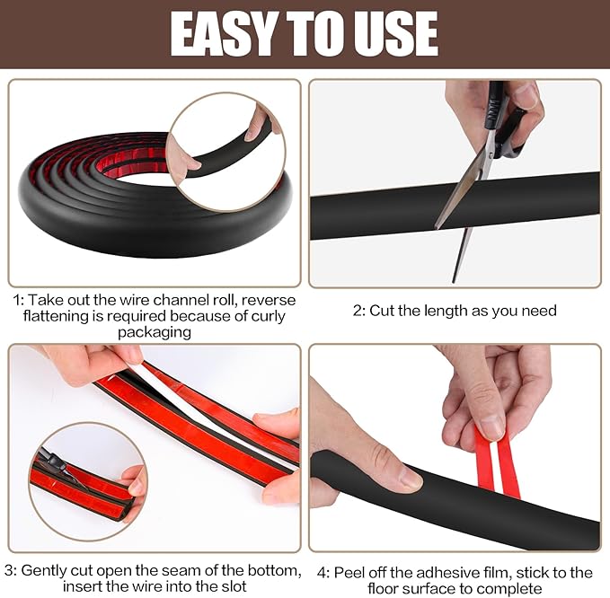 Floor Cord Cover Self Adhesive Cord Hider,10FT Cable Management, Extension Strip Protector for Wires, Prevent Cable Trips for Offices, Gyms, Exhibitions Cavity:0.39"(W) x 0.27"(H) Black