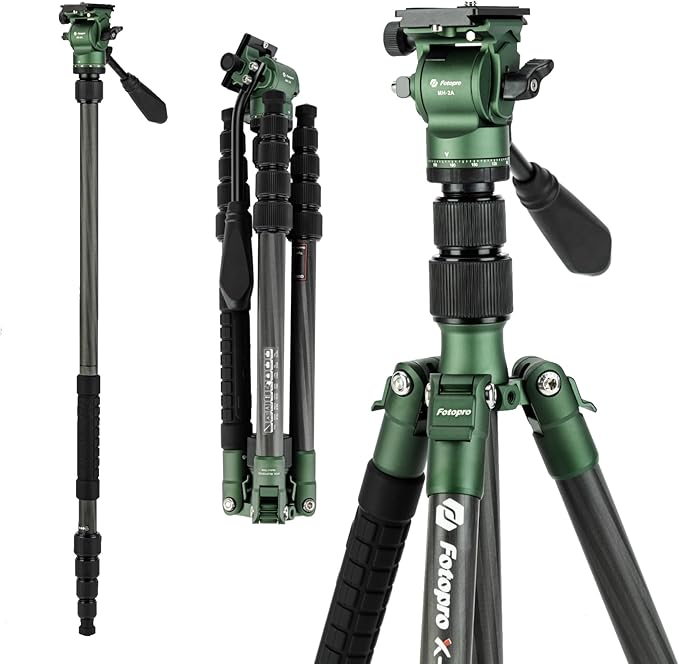 Fotopro 59" Carbon Fiber Travel Tripod, Compact Video Tripods with Fluid Head, Detachable Monopod with Quick Release Plate and Bag, Camera Tripod Load up to 8KG/17.63lbs