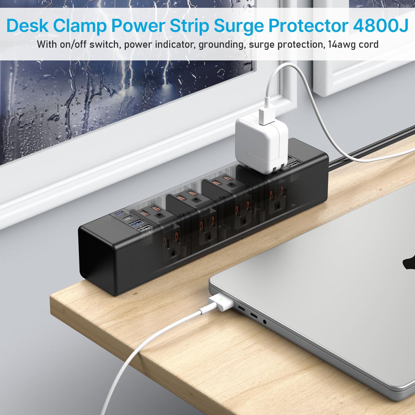 CCCEI 20W Per Side USB-C Desktop Outlet Station, Clamp Power Strip Surge Protector 4800J, Home Office Standing Desk Organizers and Accessories, 10FT 14AWG 15A Extension Cord, Switch, ETL Listing.