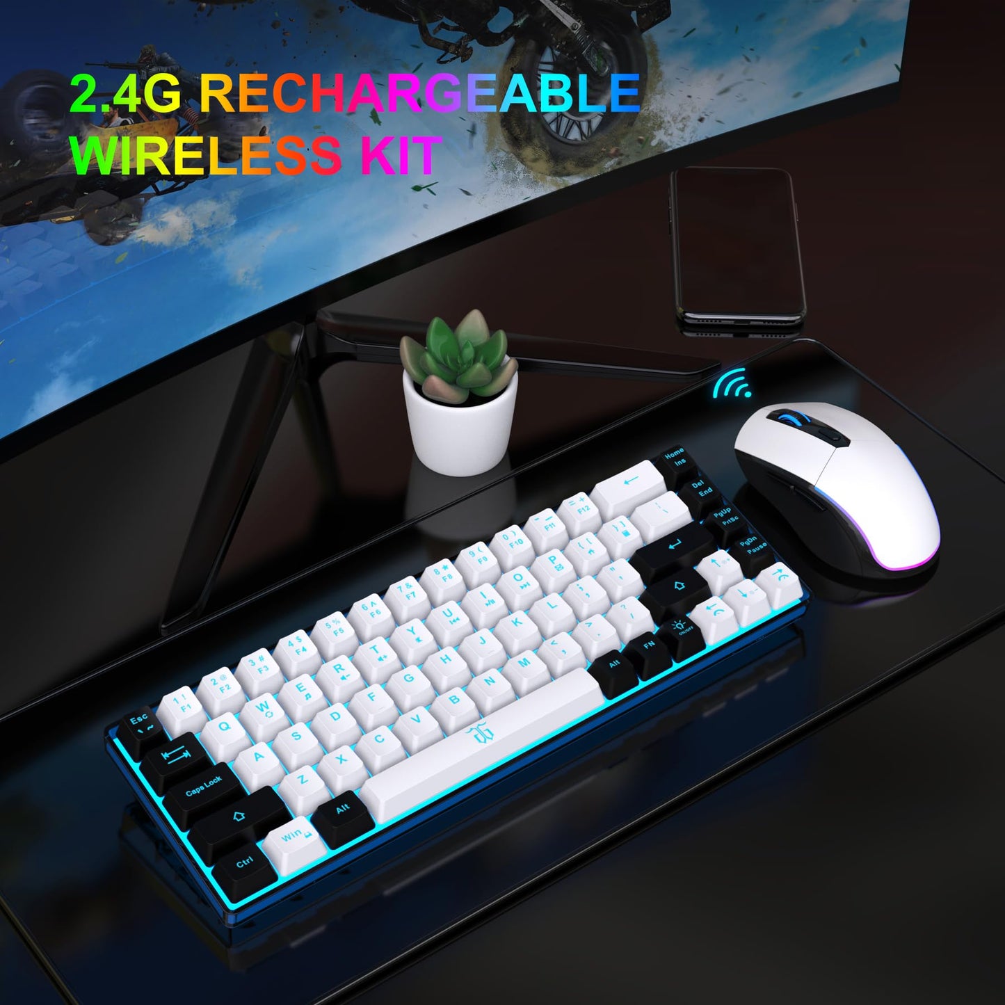 Snpurdiri 60% Wireless Gaming Keyboard and Mouse Combo (White-Black)