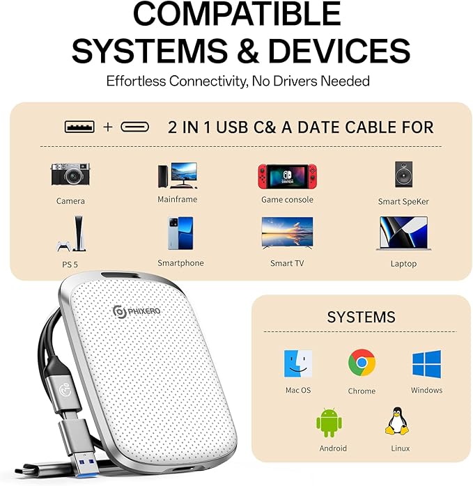 PHIXERO P5PLUS Portable SSD 2TB Up to 550MB/s, USB 3.2 Gen 2 External Solid State Drive,USB C to C&A for Smartphone,Tablet,PC,Labtop (White)