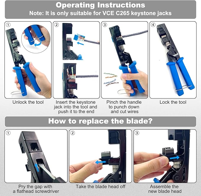 VCELINK Speed Termination Tool for VCE 90-Degree Keystone Jacks Punch Down Network Tool Kit with 20-Pack CAT6 Keystone Jacks UL-Listed Blue, 25-Pack RJ45 Connectors, 1-Pack Mini Wire Stripper