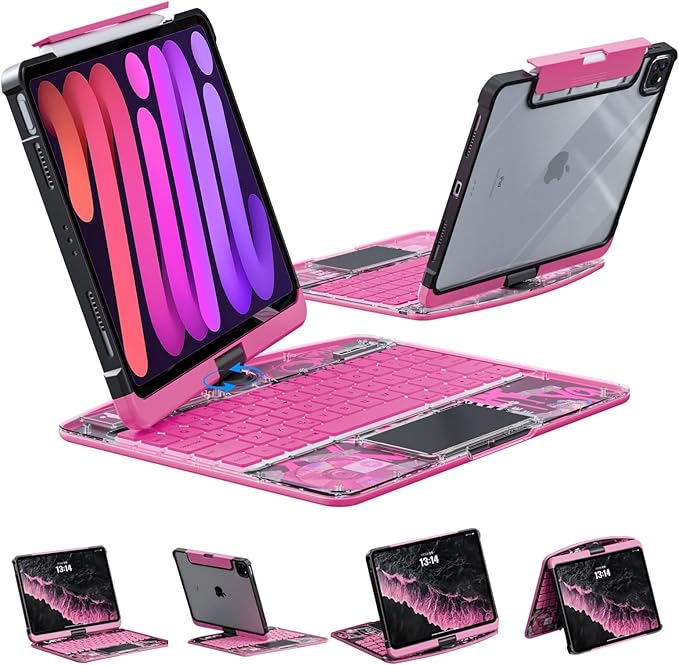 KARTICE Transparent Case with Wireless Keyboard for iPad Pro 11 Inch (M4,2024), 7 Colors Backlight, Multi-Touch Trackpad, 360° Rotating Stand Case with Pencil Holder for iPad Pro 11