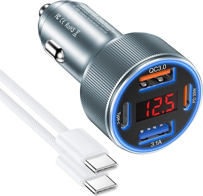 Car Charger for iPhone 17 16 15 Pro Max, Besgoods 4-Port Cigarette Lighter Adapter USB C & USB A Car Phone Charger Fast Charging Voltmeter for Galaxy S25 S24 S23 A15 A54 Android, 6ft USB C to C Cable