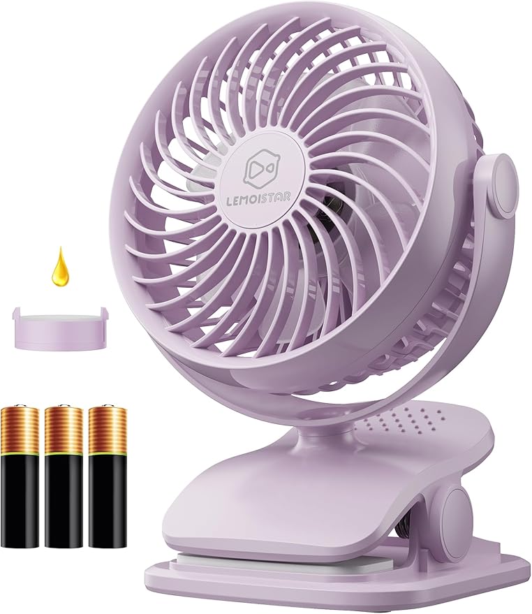 AA Battery Powered Clip on Fan with 4-Speed, 5’’ Small Desk Fan with Aroma Function, USB Powered, 360°Rotation, Ultra Quiet, for Golf Cart, Stroller, Bedroom,Car(Batteries Not Included) (Purple)