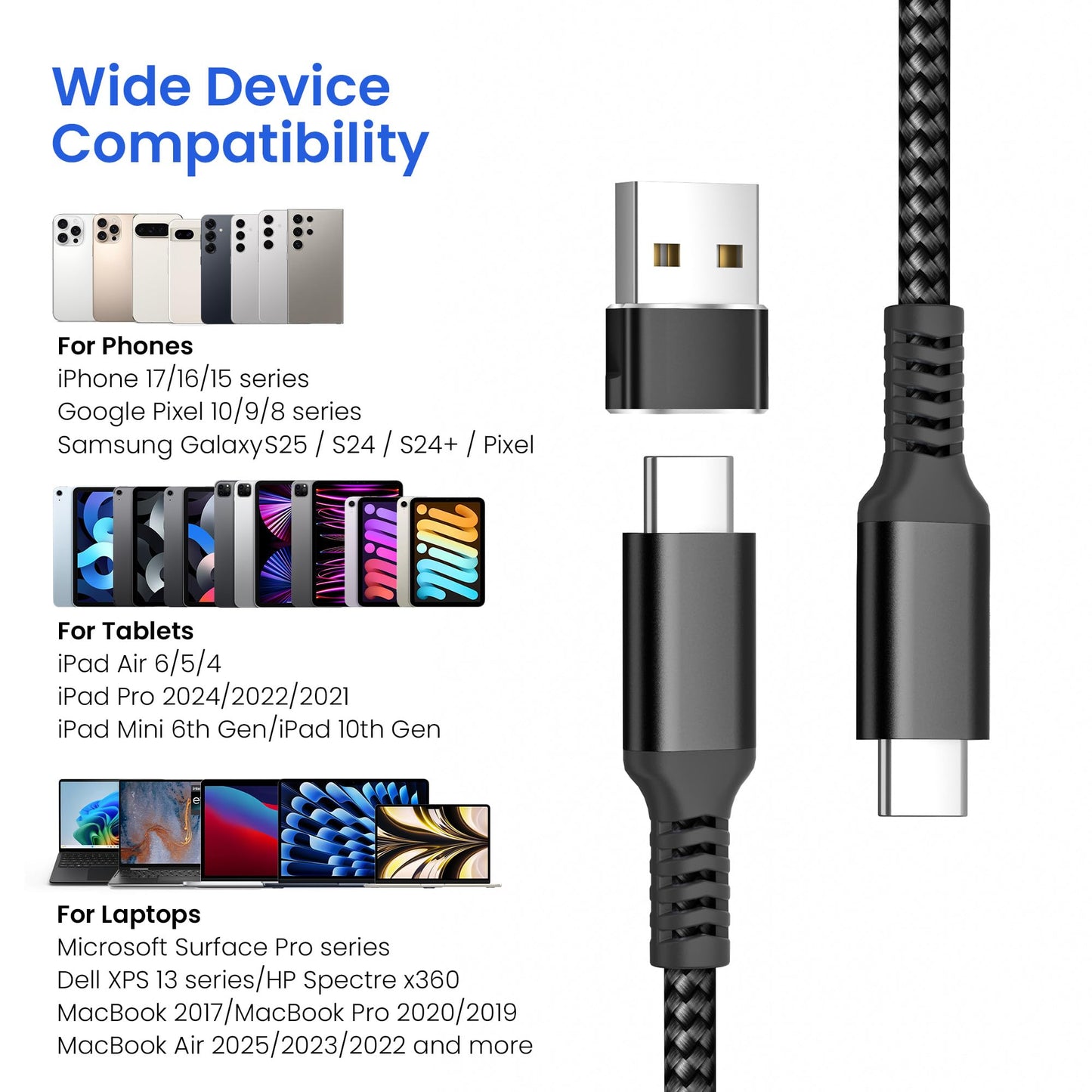 Elebase for Samsung Galaxy Z Fold Flip 7 USB C Charging Cord 6.6FT with Adapter,Type C 60W PD Fast Charger Cable for Z Fold Flip 7 6 5 5G,S25,A56 A55 A54 A36 A26 A16,Tab S11 S10 9 A9 A8 Lite,Note 20