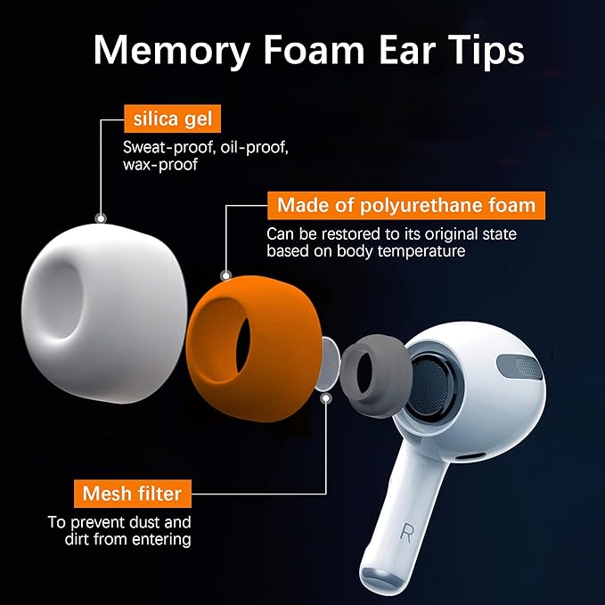 Airpod Pro Ear Tip Memory Foam & Silicone Hybrid Ear Tips, Perfect Noise Reduction, Stays in Your Ears, Ultra-Comfort, Anti-Slip Eartips, Fit in The Charging Case (Orange, Assorted S/M/L)
