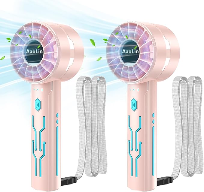 AaoLin 2pcs Portable Handheld Turbo Fan with 7000rpm High-Speed Motor USB Rechargeable Cooling Personal Fan 4-Speed, 4-16H Runtime, with Lanyard for Outdoor Travel, Women, Kids, Summer Gift